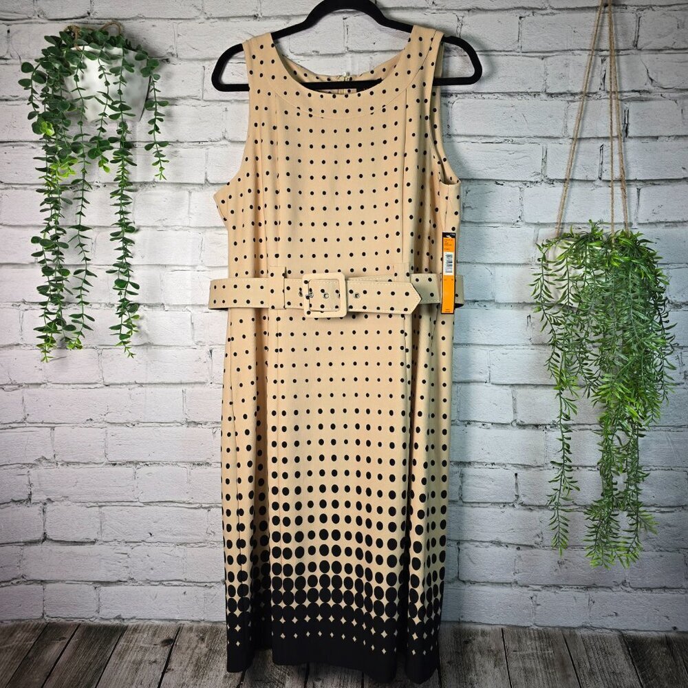 ILE NEW YORK WOMENS DRESS, BELTED, GRADUATING  POLKA DOT, TAN BLACK SIZE 14 NWT